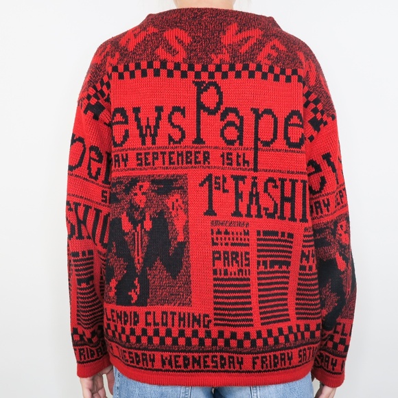 Vintage 80s Via l.A. Newspaper AOP Red Sweater - Picture 4 of 9